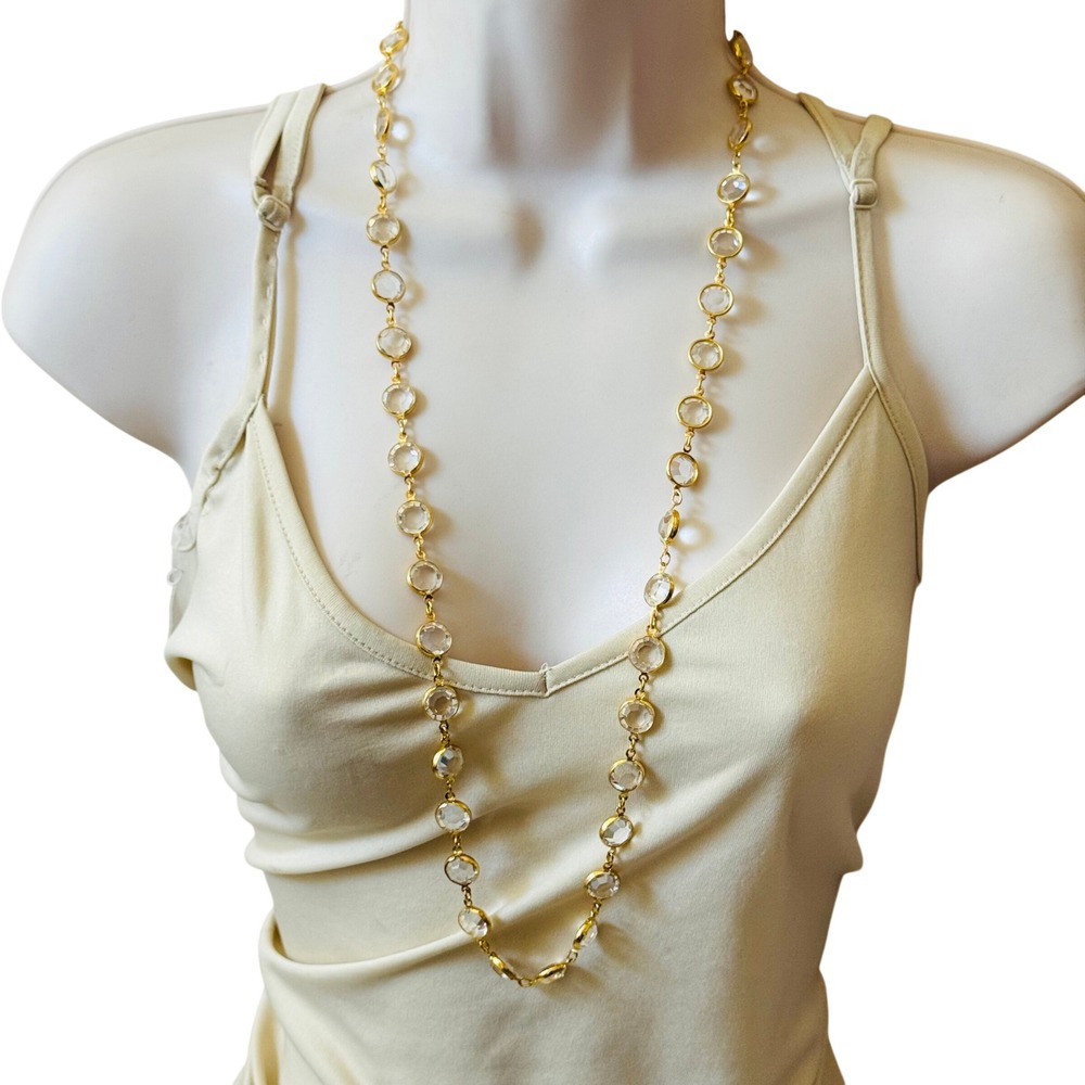 VTG Open Bezel Austrian Clear Crystal Necklace Gold Plated Regal 12mm Strand 35" - Picture 3 of 7